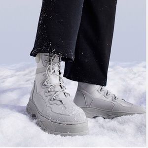 ASOS lace up boots in gray faux suede on chunky sole